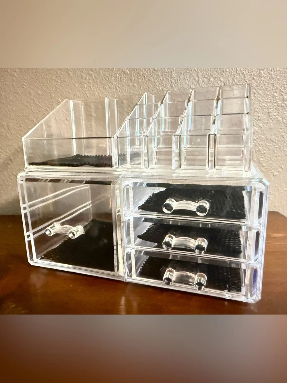 Makeup or Jewelry Organizer Clear Acrylic 4 Lined Drawers 9.5” x 5” x 7”